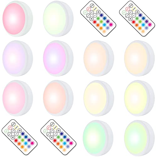 HELPLEX LED Puck Lights with Remote, 12 Pack Color Changing RGBW Stick-On Light, Battery Powered, Dimmable Under Cabinet Lighting with Timer & Memory, Wireless Push Lights for Kitchen & Closet - color: White, size: 12 Pack