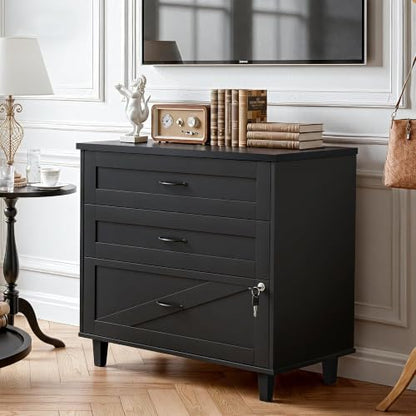 Quikraen 3-Drawer Wooden File Cabinet with Lock, Large Lateral Filing Cabinet with Hanging File Folders, Farmhouse Style Office Organizer Printer Stand for Home Office, Black 32 inch