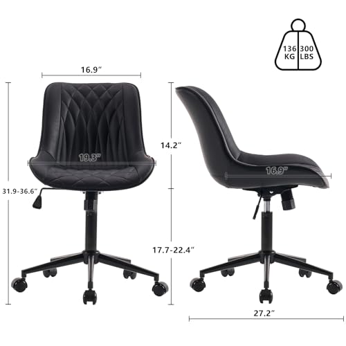 YOUNIKE Faux Leather Office Desk Chair Comfy Vanity Chair Armless Black | Ergonomic Upholstered Rocking Back, Swivel with Wheels, Height Adjustable, Modern Task Chair For Computer Sewing Drafting - color: Black
