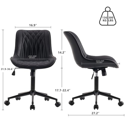 YOUNIKE Faux Leather Office Desk Chair Comfy Vanity Chair Armless Black | Ergonomic Upholstered Rocking Back, Swivel with Wheels, Height Adjustable, Modern Task Chair For Computer Sewing Drafting - color: Black