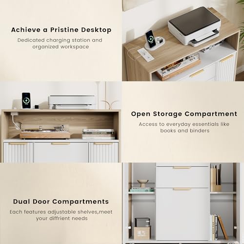 ModernMate Fluted Mobile File Cabinet with Charging Station | 37" Rolling Storage Cabinet with 3 Drawers, Printer Stand with Wheels for Home Office, Light Walnut - color: Light Walnut