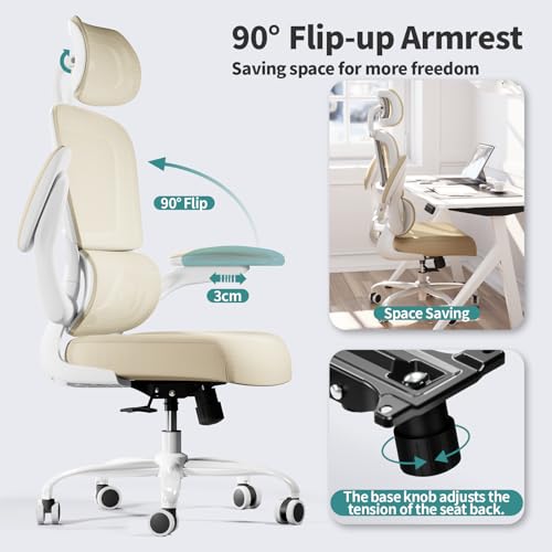 TRALT Office Chair Ergonomic Desk Chair - Gaming Chair with Lumbar Support | 330 LBS Home Office Desk Chairs with Headrest, Reading Chair with Flip-up Armrests, Comfortable Computer Chairs (1, Beige) - color: Beige