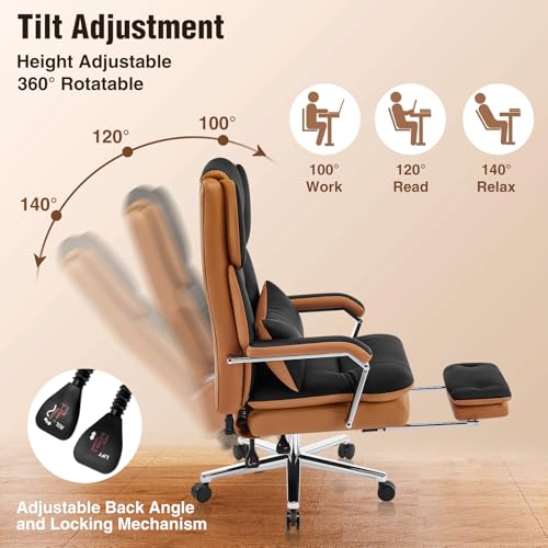 Furniliving Big and Tall Office Chair with Footrest, PU Leather High Back Executive Office Chair with Adjustable Lumbar Support, Wide Seat Reclining Desk Chair with Armrest, Height Adjustment, Black