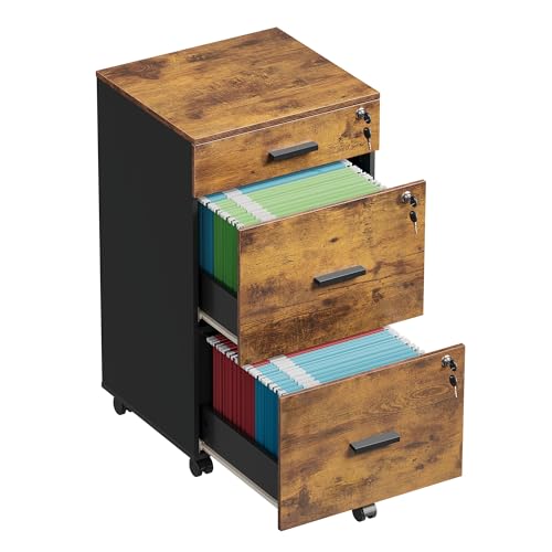 DEVAISE 3 Drawer File Cabinet with Lock & Wheels, Wood Printer Stand - color: Rustic Brown