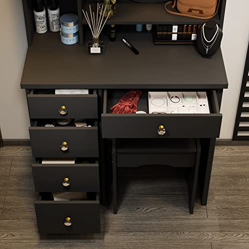 ECACAD Vanity Desk Set with LED Lighted Round Mirror, Makeup Dressing Table with 5 Drawers, Storage Shelves & Cushioned Stool for Bedroom, Black - style: Black-With Light