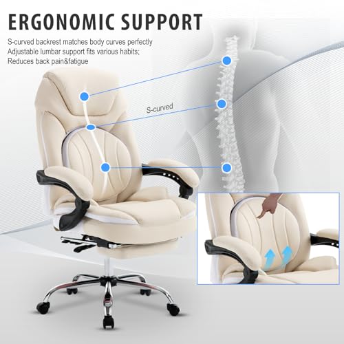 Comfortable Reclining Office Desk Chair with Foot Leg Rest, Beige | Big Tall Computer Gaming Chair, Adjustable Lumbar Back Support, Wide Seat, Heavy Duty, Wheels, Faux Leather - color: Cream Beige