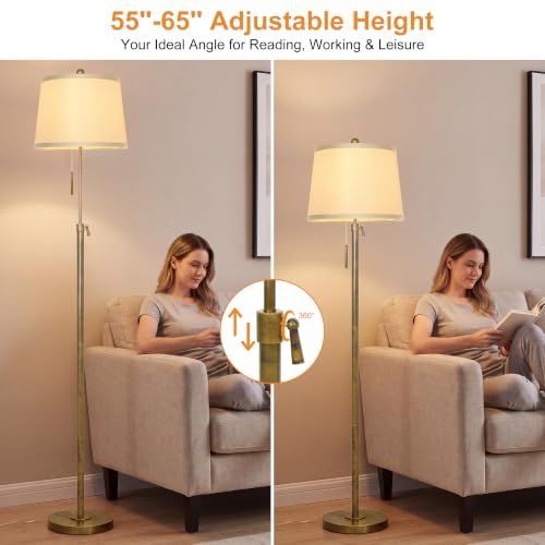 Antique Brass Floor Lamp Adjustable Height 55" to 65" Tall 3 Brightness Way - color: Antique Brass+Beige Shade