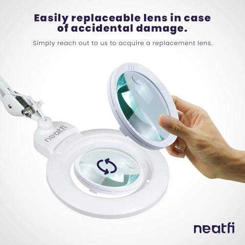 Neatfi XL Bifocal LED Magnifying Lamp, 7" Acrylic Lens, 2.25X/6X, 1,600 Lumens Dimmable | 3 Light Modes, Adjustable Arm & Clamp | Reading, Crafting & Jewelry (White, 7-inch Lens, CCT with Clamp) - color: White