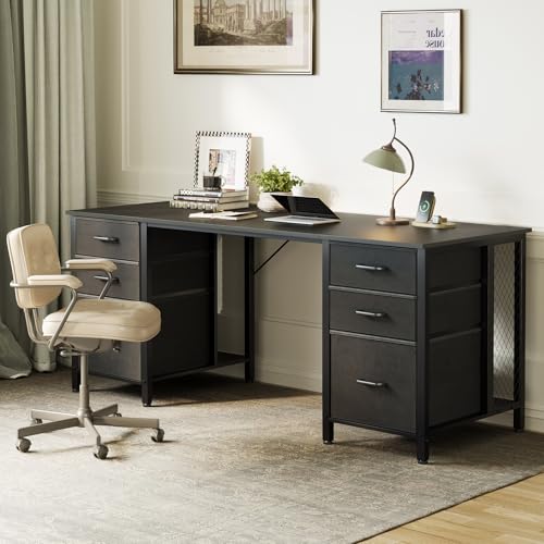 ODK 63 inch Computer Desk with 6 Fabric Drawers, Home Office Desk | Black Desk with File Drawers Cabinet with Large Storage for Home Office, Study, Gaming - color: Black