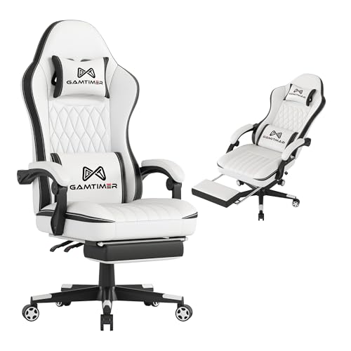 Gamtimer Gaming Chair with Footrest, Ergonomic Computer Chair, PU Breathable Material with Headrest and Lumbar Support, Suitable for Silla Gamer and Adults (White) - color: White