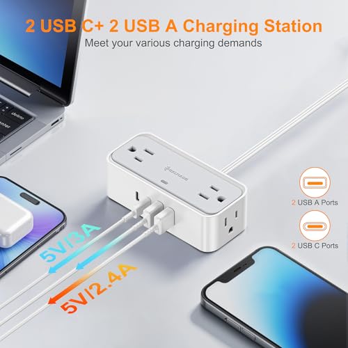 Surge Protector Power Strip, REALMADE 4 AC 4 USB Power Strip, Flat Plug Outlet Extender, 5Ft Extension Cord, Wall Mount Desk Charging for Home Office， Gray & White - size: 5FT