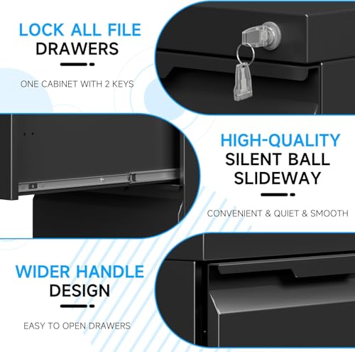 3 Drawer Mobile File Cabinet with Lock, Rolling File Cabinet with Wheels - color: Black, size: 3 Drawer