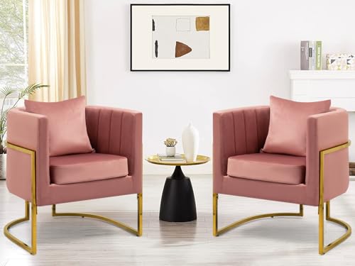 Velvet Accent Chairs Set of 2, Contemporary Barrel Armchairs, Living Room Bedroom Club Chair Set with Pillow, Channel Tufted, Gold Finish Base, Blush Pink - color: Blush Pink, size: 2 PCS