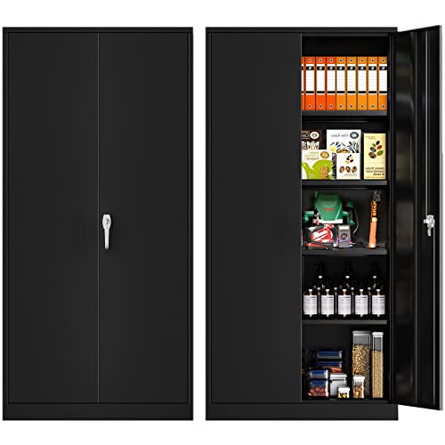 Superday 71" Steel Storage Cabinet with Lock, Black Metal Storage Cabinets, Tall Locking Cabinet with 2 Doors and 4 Adjustable Shelves for Garage, Home Office, Classroom, Pantry, File, Easy Assemble - color: Black, style: 71" Black