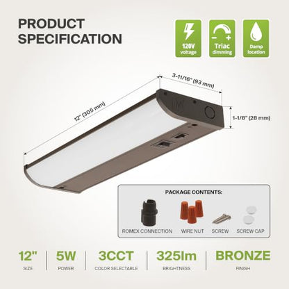 ASD 20 Pack LED Under Cabinet Lighting, 12 inch 5W 325 LM, Dimmable Hardwired Under Cabinet Lights for Kitchen, 3000K/4000K/5000K, Under Counter Light Fixtures, ETL, Bronze, Bullnose Design - color: 12 Inch Bronze, size: 20 Pack