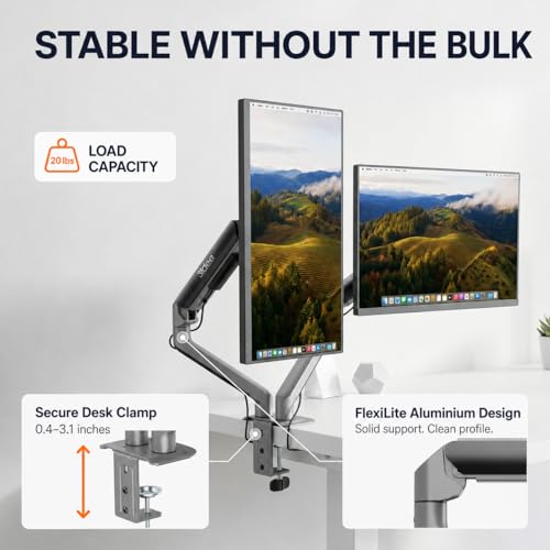 3IDEE FlexiLite Dual Monitor Arm Desk Mount for 17-32" Screens, Holds up to 20 lbs per Monitor, Slim Aluminium Design, Fully Adjustable, Quick Box to Desk Setup, Clamp/Grommet Base, VESA 75/100 - size: 2 Monitore