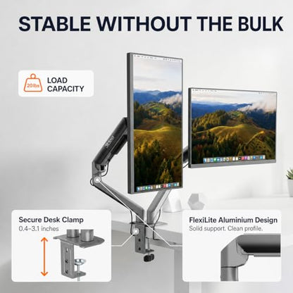 3IDEE FlexiLite Dual Monitor Arm Desk Mount for 17-32" Screens, Holds up to 20 lbs per Monitor, Slim Aluminium Design, Fully Adjustable, Quick Box to Desk Setup, Clamp/Grommet Base, VESA 75/100 - size: 2 Monitore