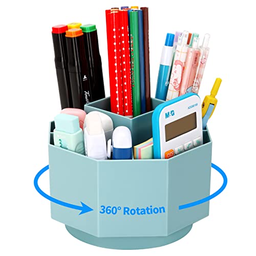 LETURE Desk Organizer, 360-Degree Rotating Pen Pencil Holder, 5 Compartments Desktop Stationary Organizer, Home Office Art Supply Storage Box Caddy (BLUE)