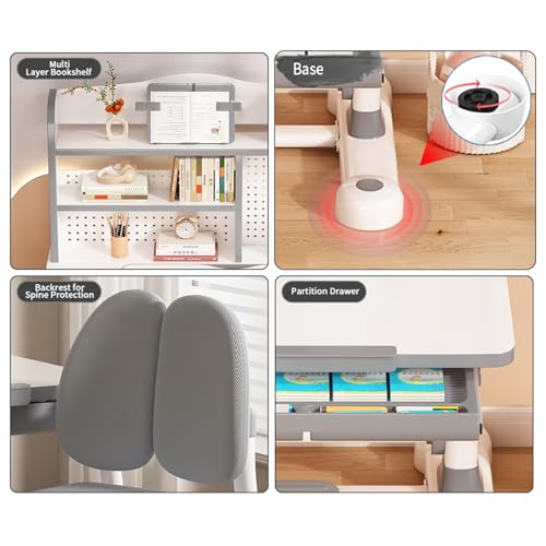 Kid Study Desk and Chair Set 3-12 Height Adjustable Ergonomic Desk | School Art Desk, 50° Tiltable Desktop, Easy-Turn Crank, Storage Drawer & Built-in Bookstand for Children Boys & Girls - color: 013-grey-31.5in