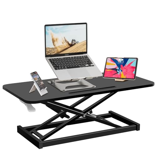 32" Standing Desk Converter, Height Adjustable Sit to Stand Up Desk Workstation, Dual Monitor Desk Riser with Keyboard Tray Riser Laptop for Home Office (Black 1)