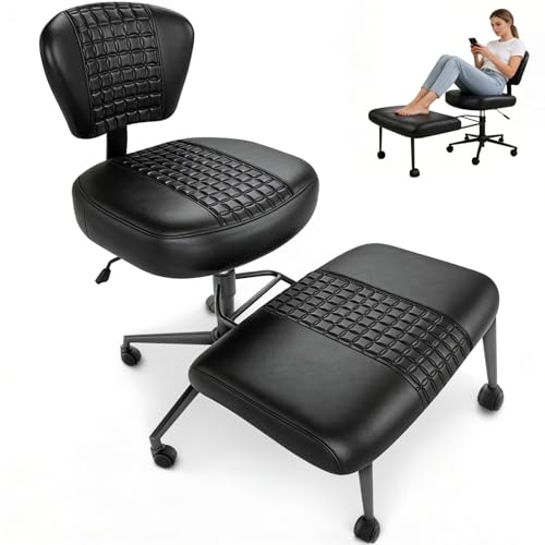 Ergonomic Cross Legged Office Chair with Footrest, 360° Swivel Height Adjustable PU Criss Cross Chair, Wide Seat & Back Support for Home Office, ADHD, Black - color: Black