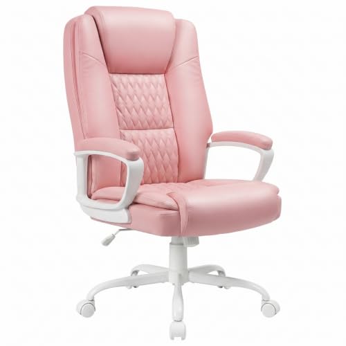 LEMBERI High Back PU Leather Executive Office Chair, Adjustable Swivel Computer Desk Chair with Padded Armrests for Home Office, Pink - color: Pink