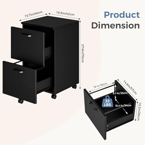 DUMOS 2 Drawer Filing Cabinet, Rolling Wood File Cabinet for Home Office, Under Desk Storage with Lockable Wheels, Printer Stand, Office Organizer, Black