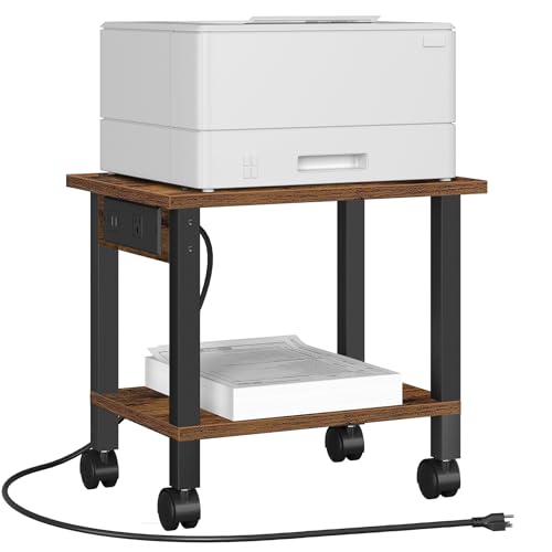 TUTOTAK Printer Stand, 2 Tier Rolling Printer Cart with Charging Station - color: Brown, size: 2 tier(15.7 x 11.8 x 15.4inchs)