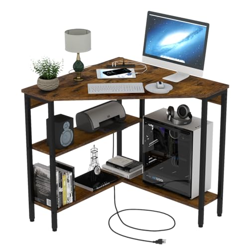 Triangle Corner Desk with Power Outlets, Storage Shelves for Small Space - color: Rustic
