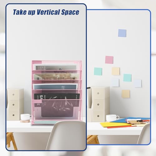 EASEPRES Desk File Organizer Mesh 6-Tier, Hanging Wall Mount Document Organization Stand, Desktop Vertical Mail Paper Folder Holder Rack with Bottom Tray for Office Home Cubicle Countertop, Pink - color: Pink, size: 6 Tier