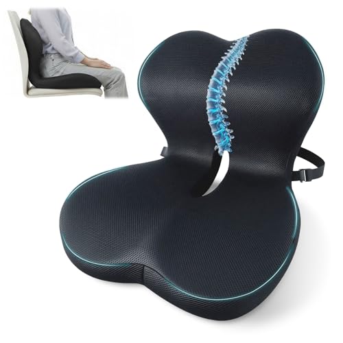 Memory Foam Seat Cushion,Office Chair Cushion with Lumbar Support for Back Pressure Relief, Car Seat Cushion with Adjustable Strap,Sciatica Pad Cushions for Car,Truck, Desk,Gaming Chair - color: Charcoal