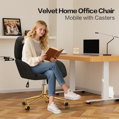 Home Office Desk Chair Comfy with Adjustable Swivel Wheels, Modern Velvet Makeup Vanity Chair with Back & Pillow, Ergonomic Office Chair Computer Task Chair for Living Room, Bedroom, Black - color: Black