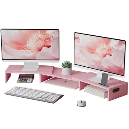 BONTEC Dual Monitor Stand Riser, Adjustable Length & Swivel Angle, Pink - color: Pink, size: 42.5 in