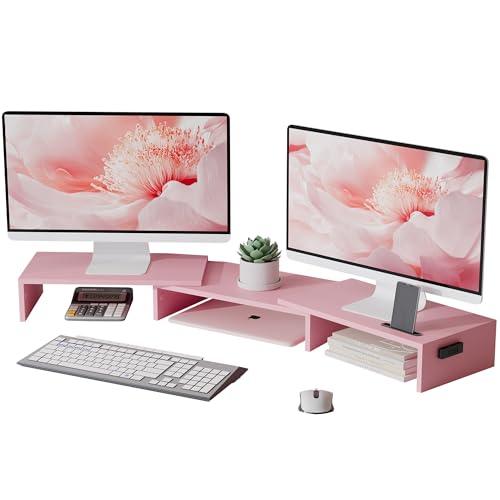 BONTEC Dual Monitor Stand Riser, Adjustable Length & Swivel Angle, Pink - color: Pink, size: 42.5 in