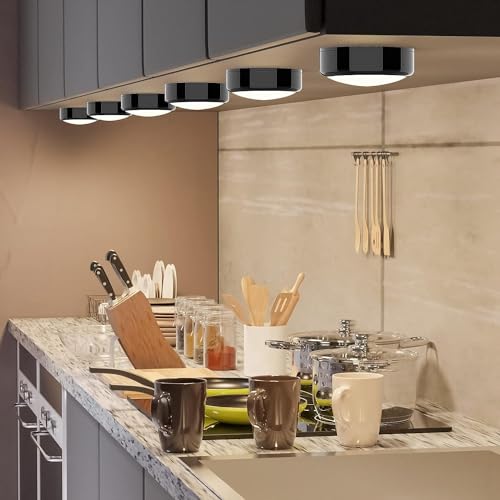 HELPLEX Puck Lights, 16 Colors Changeable Under Cabinet Lights Battery Powered Dimmable LED Puck lightings Under Counter Lights, with 2 Remote Controls, Timing Function, 18 AA Batteries - color: Black, size: 6 Pack With Battery