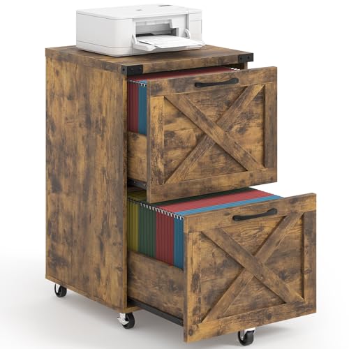 Halitaa Farmhouse 2 Drawer Small File Cabinet with Wheels, Brown | Vertical Filing Cabinet Fits A4 or Letter Size, Wooden Printer Stand, Under Desk Rolling File Cabinet for Home Office - color: Brown