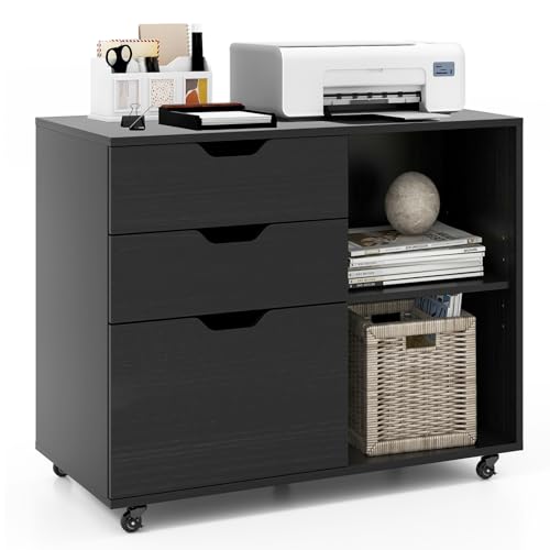 3 Drawer File Cabinet, Wood Lateral Filing Cabinet for Hanging Letter, A4, Legal Size, Rolling Printer Stand with Adjustable Shelf, Under Desk Storage for Home Office (Black) - color: Black, size: 32” x 16” x 26”
