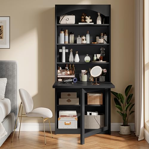 Einhomn Folding Desk with Storage, Space-Saving Foldable Convertible Writing Table, Wall Mount Fold Out Computer Desk for Home Office, Craft Room, Living Room, Bedroom, Black - color: Black