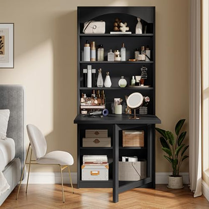 Einhomn Folding Desk with Storage, Space-Saving Foldable Convertible Writing Table, Wall Mount Fold Out Computer Desk for Home Office, Craft Room, Living Room, Bedroom, Black - color: Black