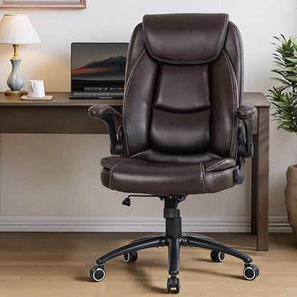 MALOL 300LBS PU Leather High-Back Executive Office Chairs, Heavy Duty Home Ergonomic Computer Chair Flip-Up Armrests & Reclining Backrest, Brown - color: Brown-new