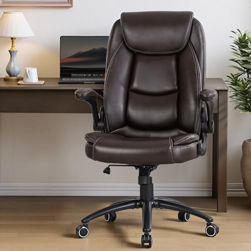 MALOL 300LBS PU Leather High-Back Executive Office Chairs, Heavy Duty Home Ergonomic Computer Chair Flip-Up Armrests & Reclining Backrest, Brown - color: Brown-new
