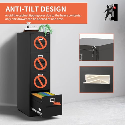 4 Drawer Vertical File Cabinet for Home Office, Metal Filing Cabinet with Lock for Legal/Letter Size Hanging File Folders, Anti-Tipping, Assembly Required (Black)