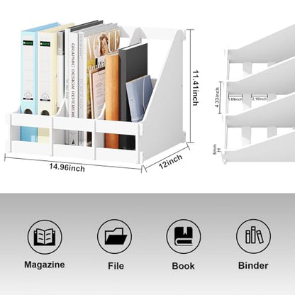 Bamboo Desk File Organizer, 3-Compartment Magazine Holder(White) | 3 vertical compartments organize files, folders, magazines and mail while saving valuable desk space. - color: White
