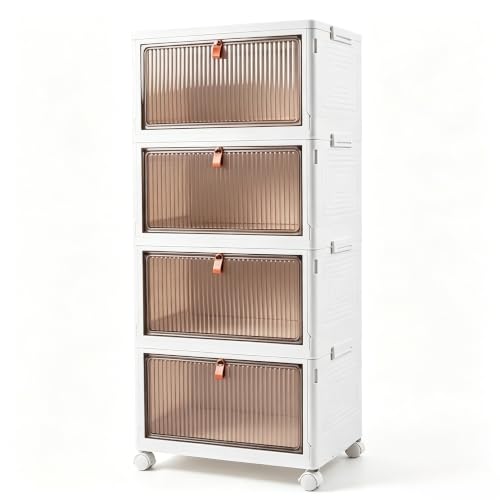 4-Tier Foldable Plastic Drawer Storage with Wheels,Stackable Storage Bins with Lid,Organization and Storage Boxes for Kitchen,Cloakroom,Closet,Living Room,Office and Dorm - size: 15.35''