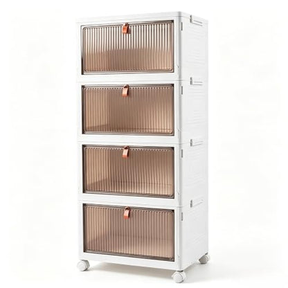 4-Tier Foldable Plastic Drawer Storage with Wheels,Stackable Storage Bins with Lid,Organization and Storage Boxes for Kitchen,Cloakroom,Closet,Living Room,Office and Dorm - size: 15.35''