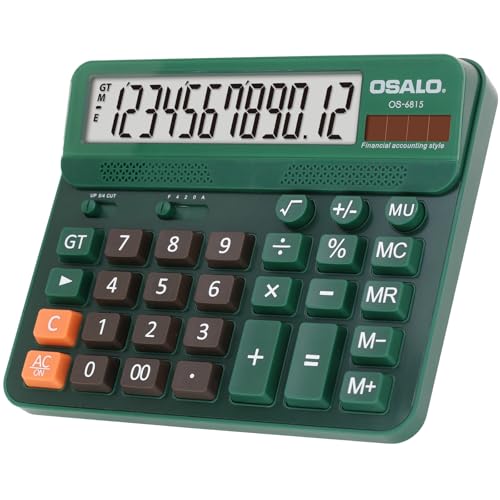 Pendancy Green Desk Calculator, 12-Digit Large Display, Big Buttons | Desktop Calculator for Office and Home, 5-Inch LCD, Solar & AA Battery, 30° Tilt Screen, GT/MU and Anti-Slip Feet - color: OS-6815-GREEN, size: Large