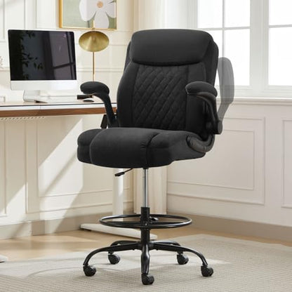 MAHOMICO Drafting Chair for Standing Desk – Tall Office Chair with Adjustable Height & Foot Ring, Flip-Up Arms, Lumbar Support – Comfortable Fabric Seat, Ideal Home Desk Chair - color: Black