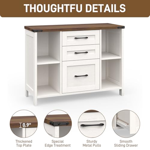 Vabches File Cabinet with 3 Drawers, Farmhouse Lateral File Cabinet Fits Files Letter/A4 Size, Wooden Filing Cabinet with Adjustable Shelves Printer Stand for Home Office, White - color: White and Brown