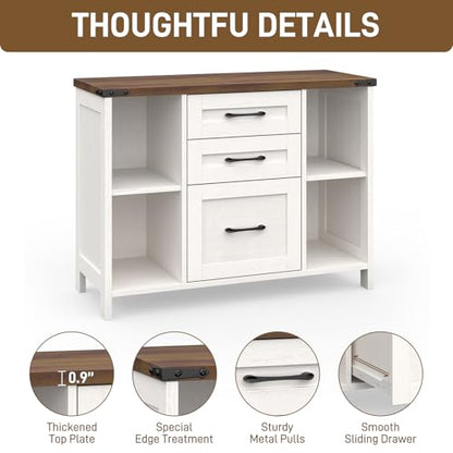 Vabches File Cabinet with 3 Drawers, Farmhouse Lateral File Cabinet Fits Files Letter/A4 Size, Wooden Filing Cabinet with Adjustable Shelves Printer Stand for Home Office, White - color: White and Brown
