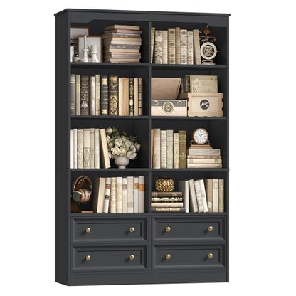 71" Tall Bookshelf with 4 Drawers Black Bookshelf Office Bookcase | 6-Tier Double Wide Bookshelves and Bookcases with Storage, Black Bookshelf Standing Book Cabinet for Home Office, Black - color: Black